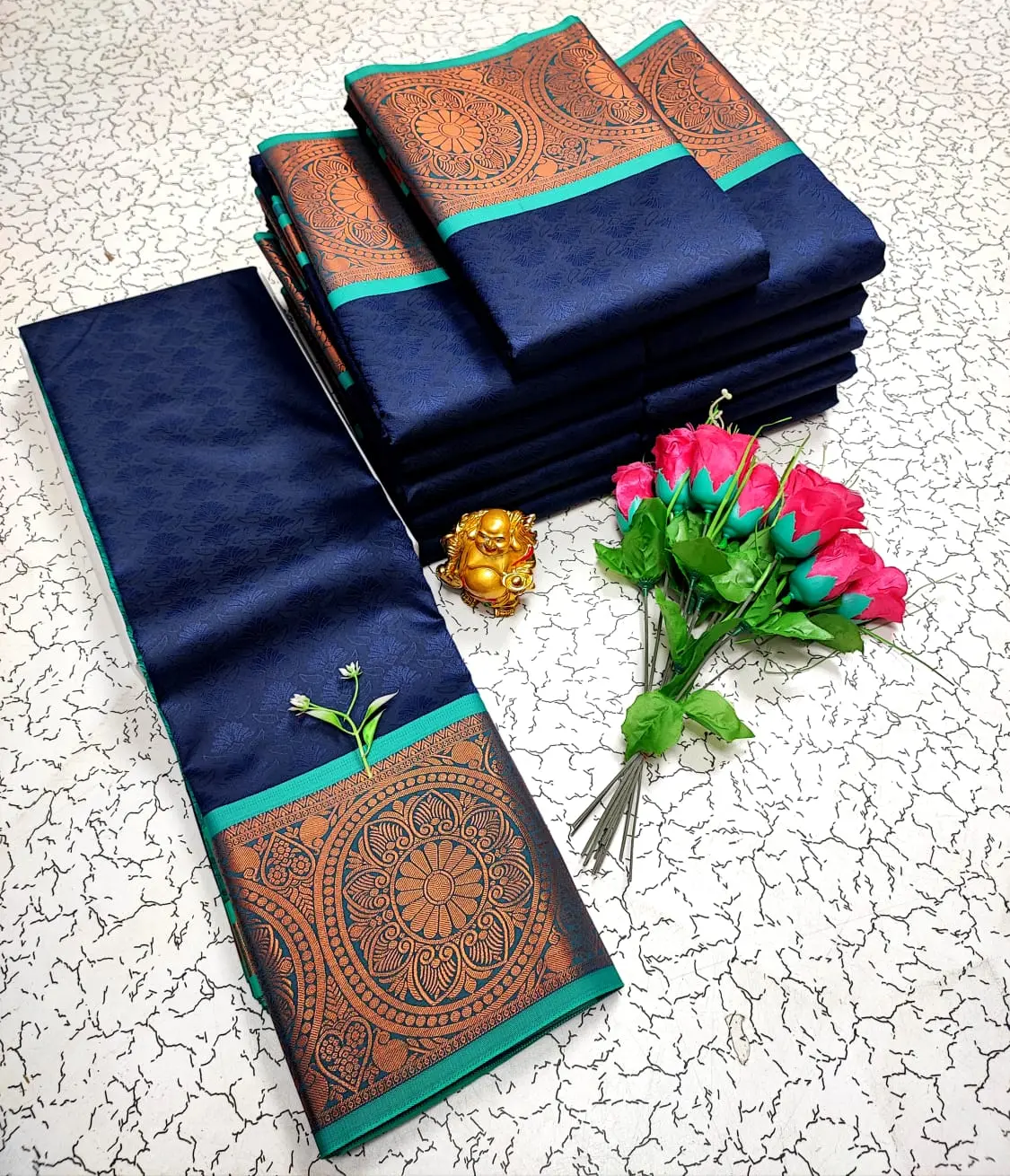Navy Blue with Teal Green Copper Zari Soft Silk Saree